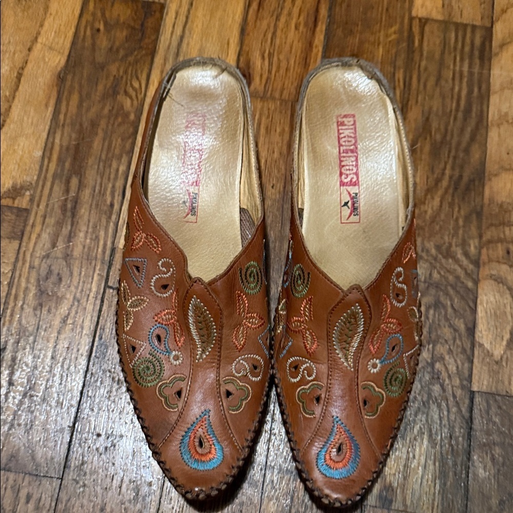 PIKOLINOS Leather Moccasin Mules with Decorative Stitching - Brown Multi size 37 - Picture 2 of 10